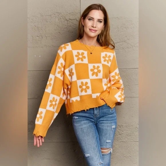 POL Sweaters - POL Leave Me Be Checkered Flower Power Cropped Distressed Sweater- L